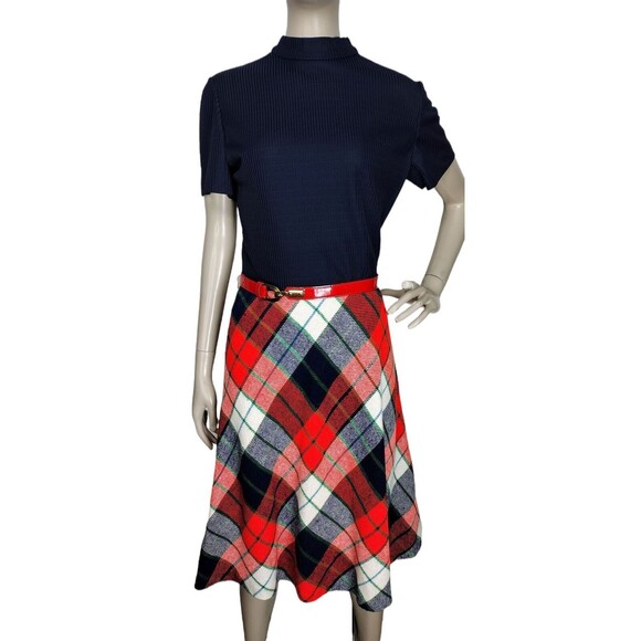 Vintage 60s MOD Academia Tartan Plaid Ribbed Mock Neck Belted Dress Size Medium - Picture 1 of 6